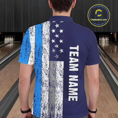 Blue Grunge American Flag Bowling Shirts For Men Custom patriotic Bowling Team League Jerseys NQS11176