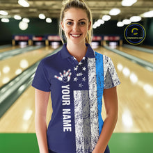 Load image into Gallery viewer, Blue Grunge American Flag Bowling Shirts For Women Custom patriotic Bowling Team League Jerseys NQS11176
