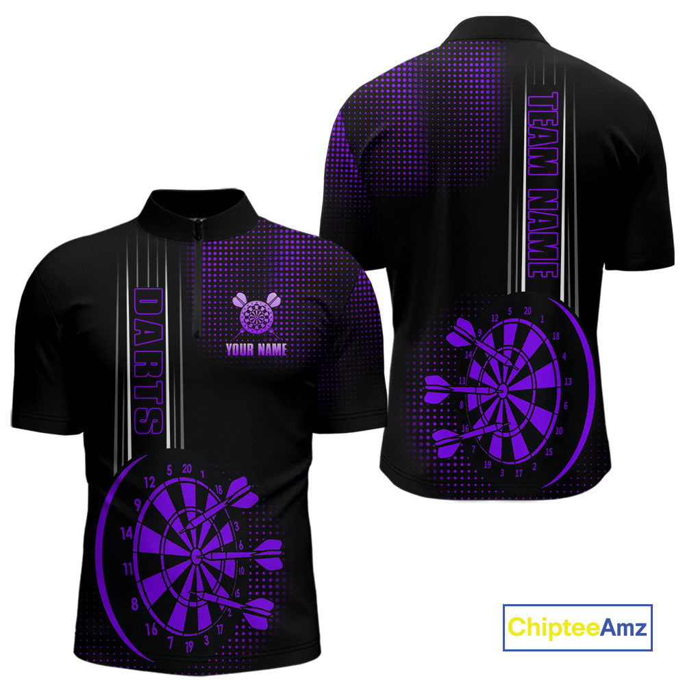 Personalized Black and Purple Darts Polo, Quarter Zip Shirt For Men Custom Dart Outfit Team Jerseys NQS10594