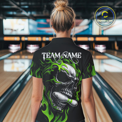 Custom Black and Green Flame Skull Bowling Shirts For Women, Personalized Skull Team Bowling Jersey NQS10793