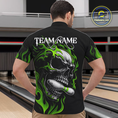 Custom Black and Green Flame Skull Bowling Shirts For Men, Personalized Skull Team Bowling Jersey NQS10793