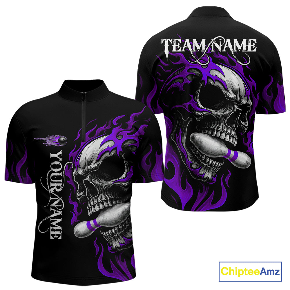 Custom Black and Purple Flame Skull Bowling Shirts For Men, Personalized Skull Team Bowling Jersey NQS10794