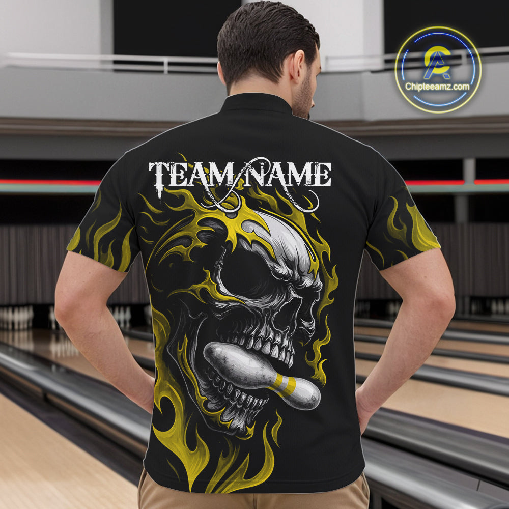 Custom Black and Gold Flame Skull Bowling Shirts For Men, Personalized Skull Team Bowling Jersey NQS10795