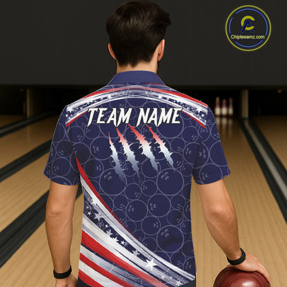 American Flag Camo Bowling Button-up Shirt Custom patriotic Bowling Team Hawaiian shirts | Navy NQS11180