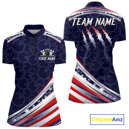 American Flag Camo Bowling Shirts For Women Custom patriotic Bowling Team Polo, 1/4 zip Jersey | Navy NQS11180