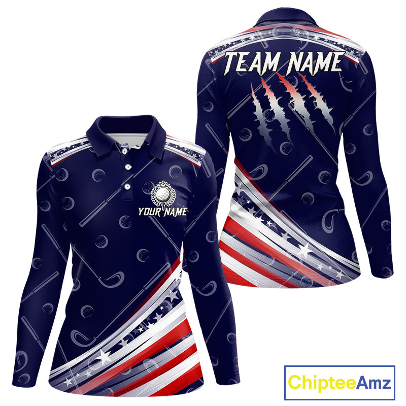 American Flag Camo Golf Polo Shirts For Women Custom patriotic ladies golf shirt, golfer gifts | Navy NQS11181