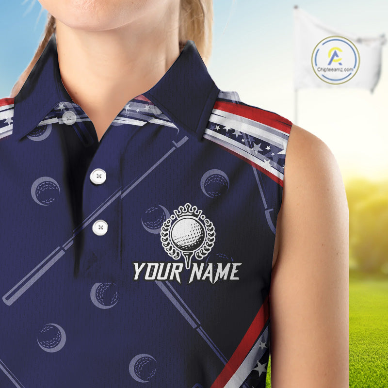 American Flag Camo Sleeveless Polo Golf Shirt Custom patriotic ladies golf shirt, golfer gifts | Navy NQS11181