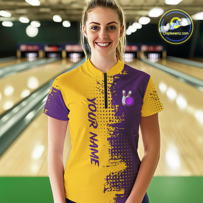 Yellow and Purple Bowling Polo, Quarter Zip shirts for Women Custom Bowling Team Jerseys NQS10222