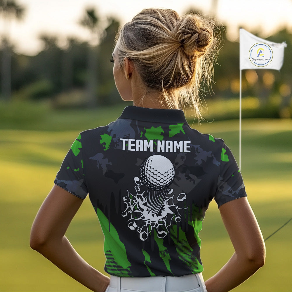 Black and Green Camo pattern Womens Golf Polo Shirts custom ladies golf tops, cool golf gifts NQS9827