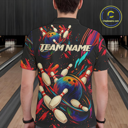 Colorful Watercolor bowling ball and pins Team jerseys Custom Men bowling Polo, Quarter Zip Shirt NQS9833