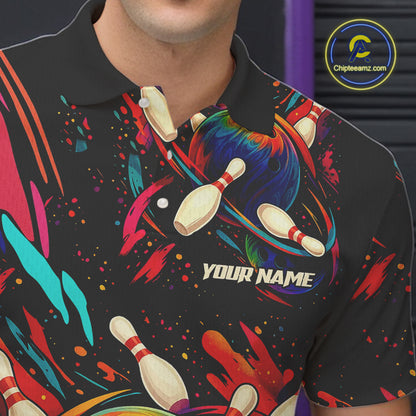 Colorful Watercolor bowling ball and pins Team jerseys Custom Men bowling Polo, Quarter Zip Shirt NQS9833
