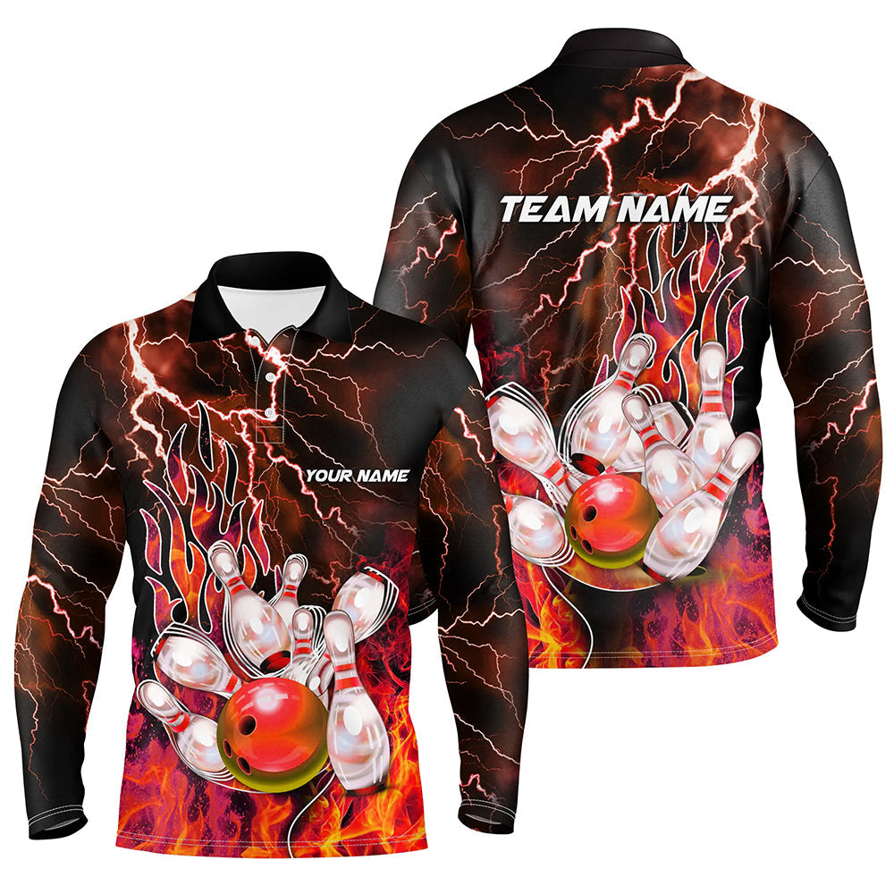 Men Bowling Polo, 1/4 Zip Shirt Custom orange lightning thunder Bowling Team Jersey, gift for Bowlers NQS8174