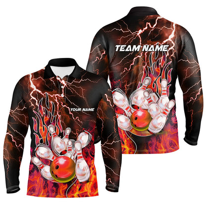 Men Bowling Polo, 1/4 Zip Shirt Custom orange lightning thunder Bowling Team Jersey, gift for Bowlers NQS8174