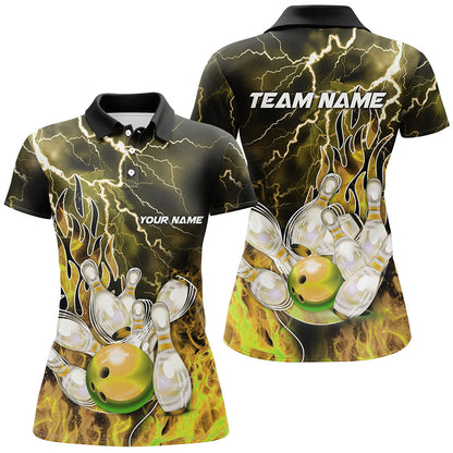 Women Bowling Polo, 1/4 Zip Shirt Custom yellow lightning thunder Bowling Team Jersey, gift for Bowler NQS8176