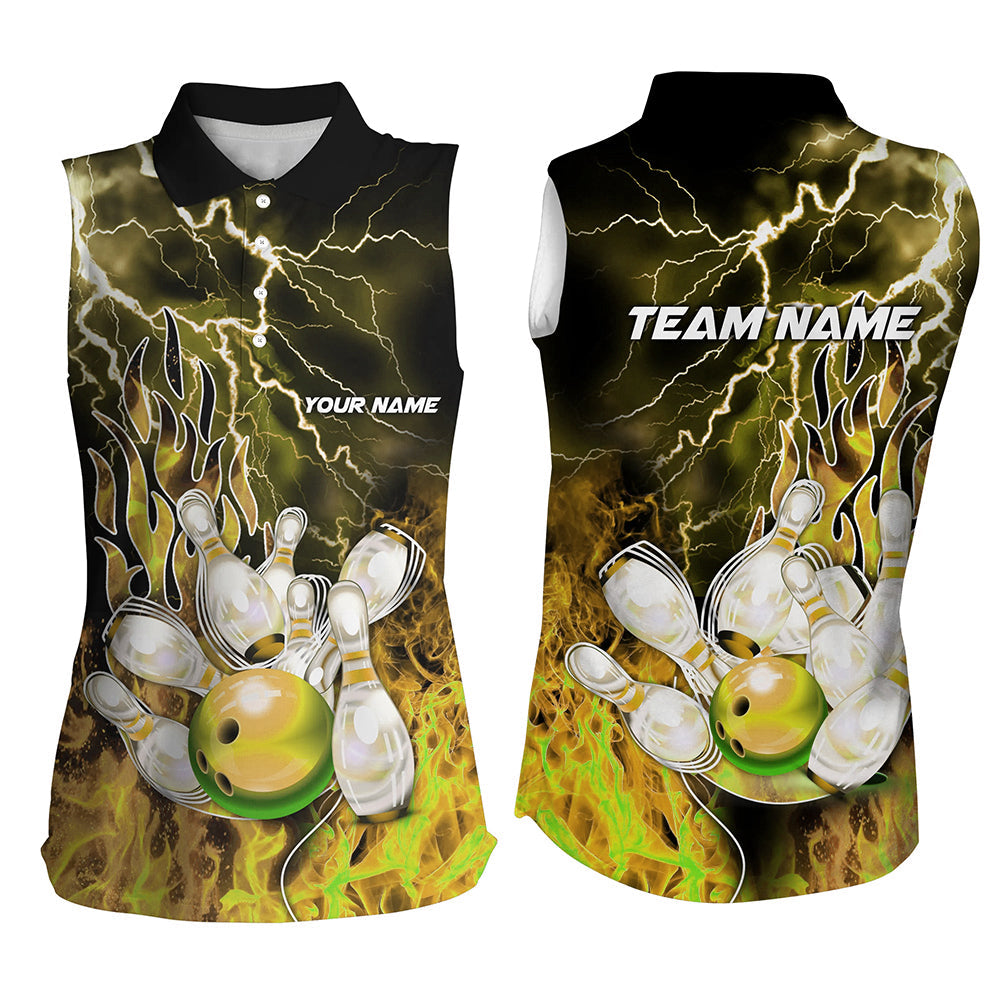 Bowling Sleeveless Polo Shirt Custom yellow lightning thunder Bowling Team Jersey, gift for Bowlers NQS8176