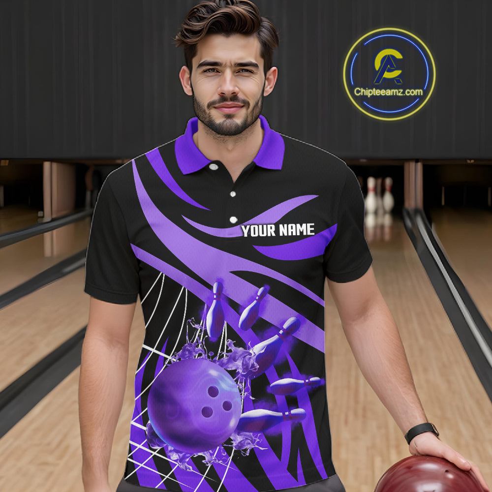 Purple flame bowling 1/4 zip, mens polo bowling shirts Custom Team bowling shirts for men NQS11395