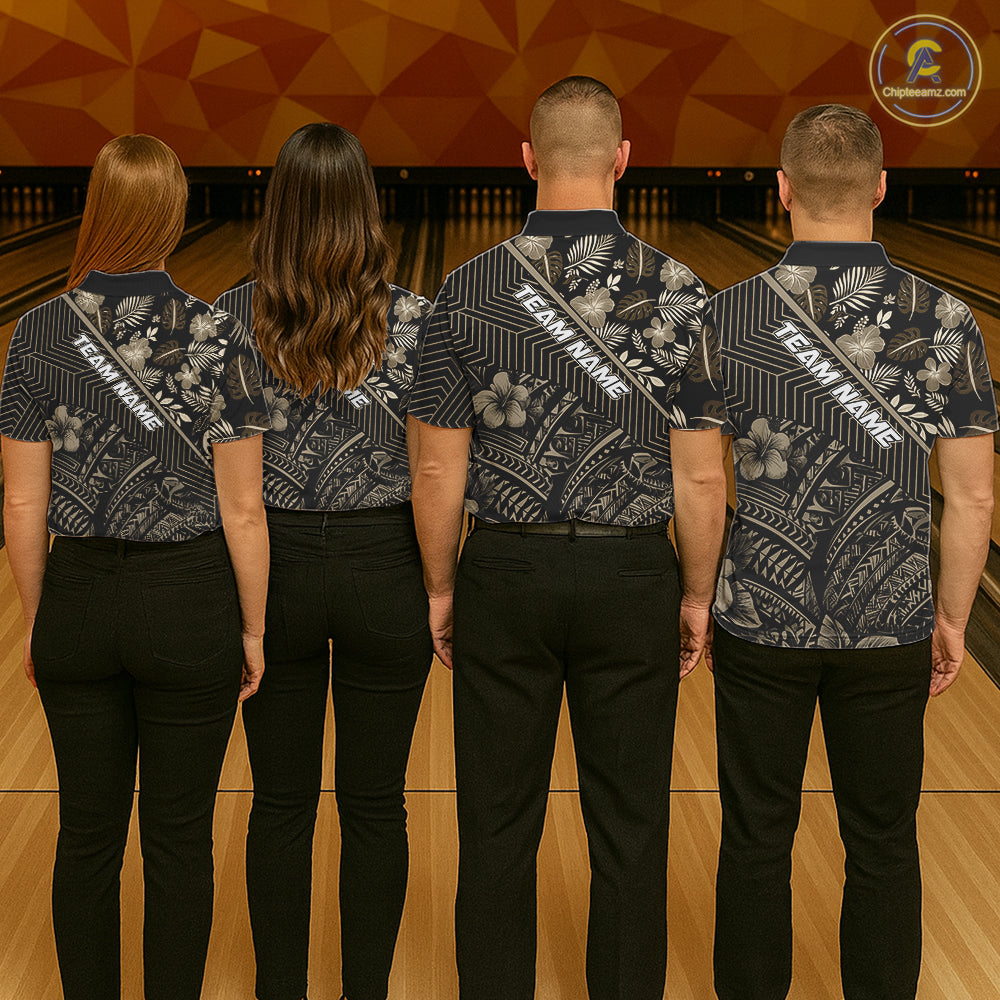 Black tribal pattern Bowling Polo, 1/4 zip Shirts For Men Custom Team Bowling Jerseys NQS11389