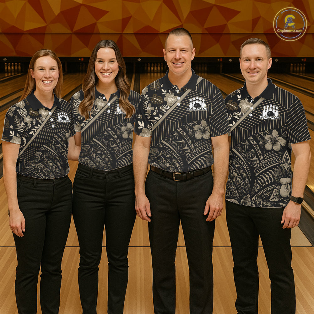 Black tribal pattern Bowling Polo, 1/4 zip Shirts For Men Custom Team Bowling Jerseys NQS11389