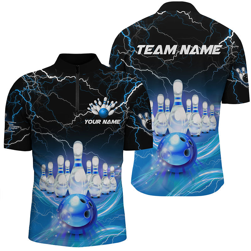 Blue light lightning thunder Men bowling Quarter Zip shirt Custom Team bowling jersey, gift for bowler NQS7419