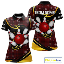 Load image into Gallery viewer, Red Christmas Plaid pattern snowflake Black and Gold Women's Bowling shirts Custom Xmas Bowling Gifts NQS10997