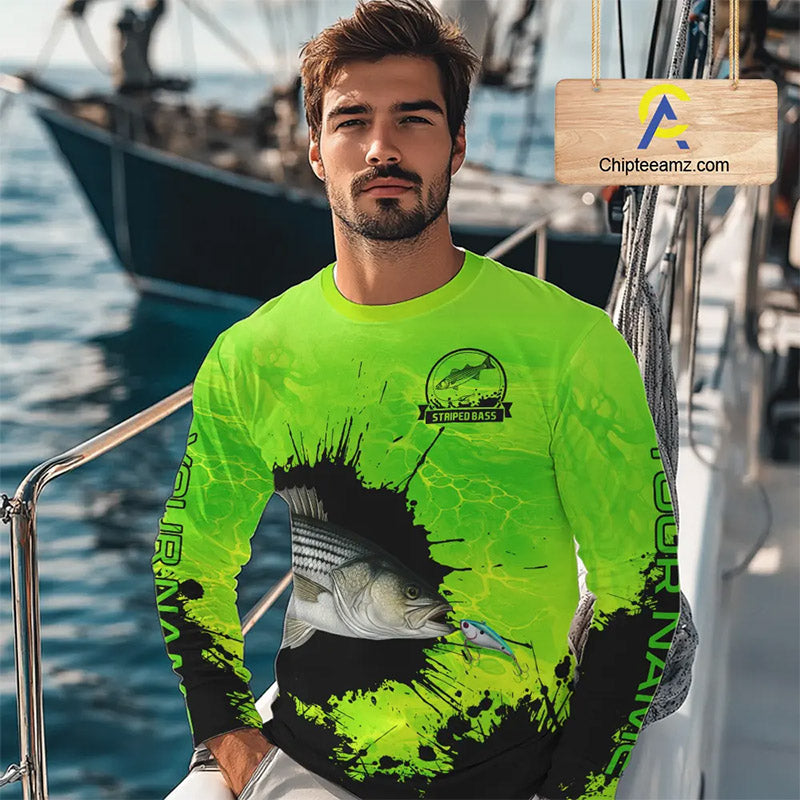 Personalized Striped Bass fishing Performance long sleeve Fishing Shirt, Striper fishing jersey|Green NQS11194
