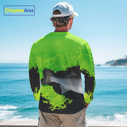 Personalized Striped Bass fishing Performance long sleeve Fishing Shirt, Striper fishing jersey|Green NQS11194