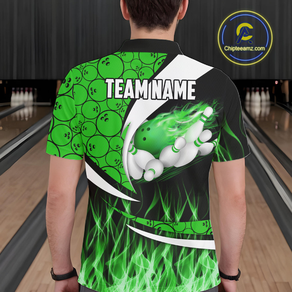 Green Flame Bowling Camo Bowling Polo, Quarter Zip Shirts For Men Custom Bowling Team Bowler Jerseys NQS11196