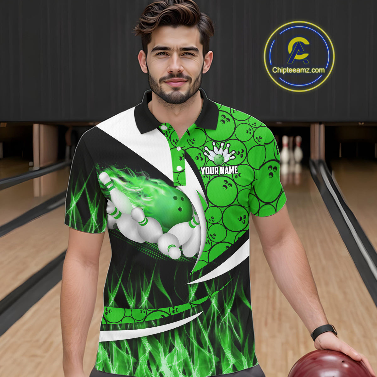 Green Flame Bowling Camo Bowling Polo, Quarter Zip Shirts For Men Custom Bowling Team Bowler Jerseys NQS11196