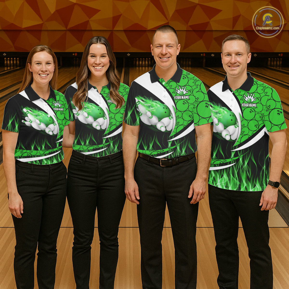 Green Flame Bowling Camo Bowling Polo, Quarter Zip Shirts For Men Custom Bowling Team Bowler Jerseys NQS11196