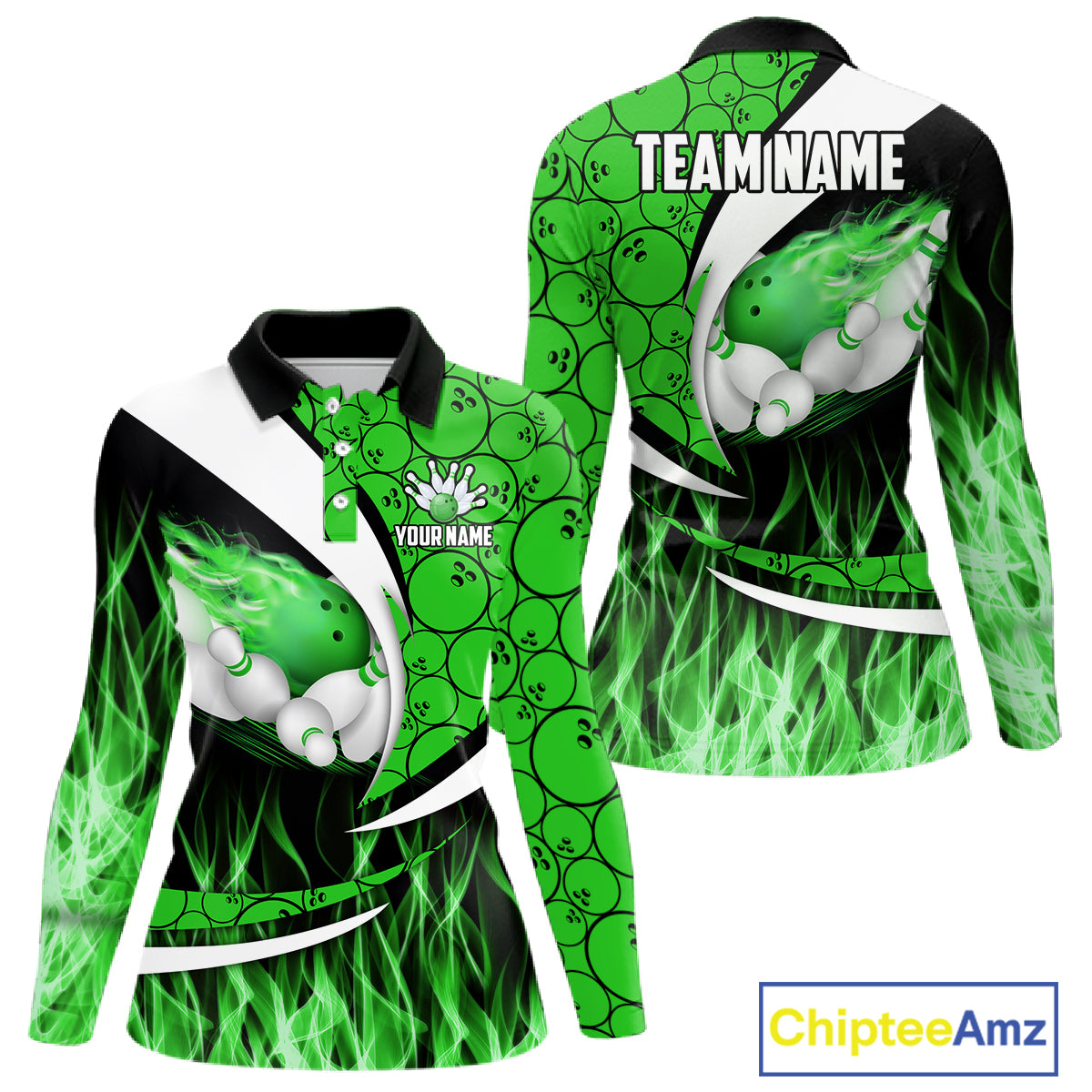 Green Flame Bowling Camo Bowling Polo, Quarter Zip Shirts For Women Custom Bowling Team Bowler Jersey NQS11196