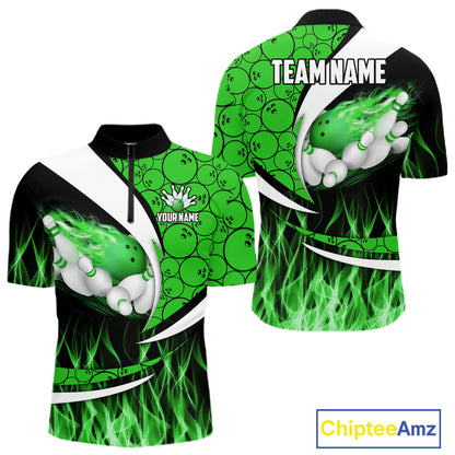 Green Flame Bowling Camo Bowling Polo, Quarter Zip Shirts For Men Custom Bowling Team Bowler Jerseys NQS11196