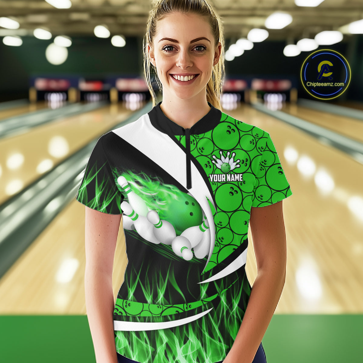 Green Flame Bowling Camo Bowling Polo, Quarter Zip Shirts For Women Custom Bowling Team Bowler Jersey NQS11196