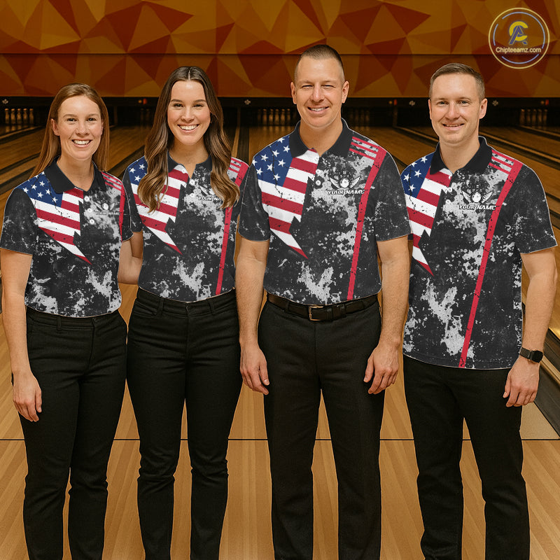 American Flag grunge Bowling polo shirts, 1/4 zip shirt for men Custom patriotic team bowling jerseys NQS11405