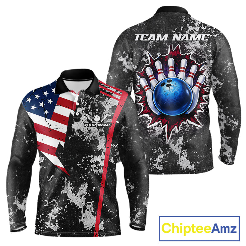 American Flag grunge Bowling polo shirts, 1/4 zip shirt for men Custom patriotic team bowling jerseys NQS11405
