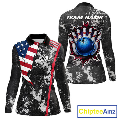 American Flag grunge Women Bowling polo shirts, 1/4 zip shirt Custom patriotic team bowling jerseys NQS11405