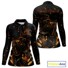Load image into Gallery viewer, Personalized Black and Orange Tiger Bowling Team Polo, 1/4 Zip Shirts For Women, Tiger Bowling Jersey NQS11203
