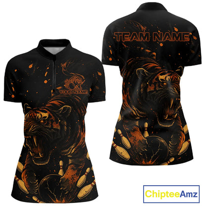 Personalized Black and Orange Tiger Bowling Team Polo, 1/4 Zip Shirts For Women, Tiger Bowling Jersey NQS11203