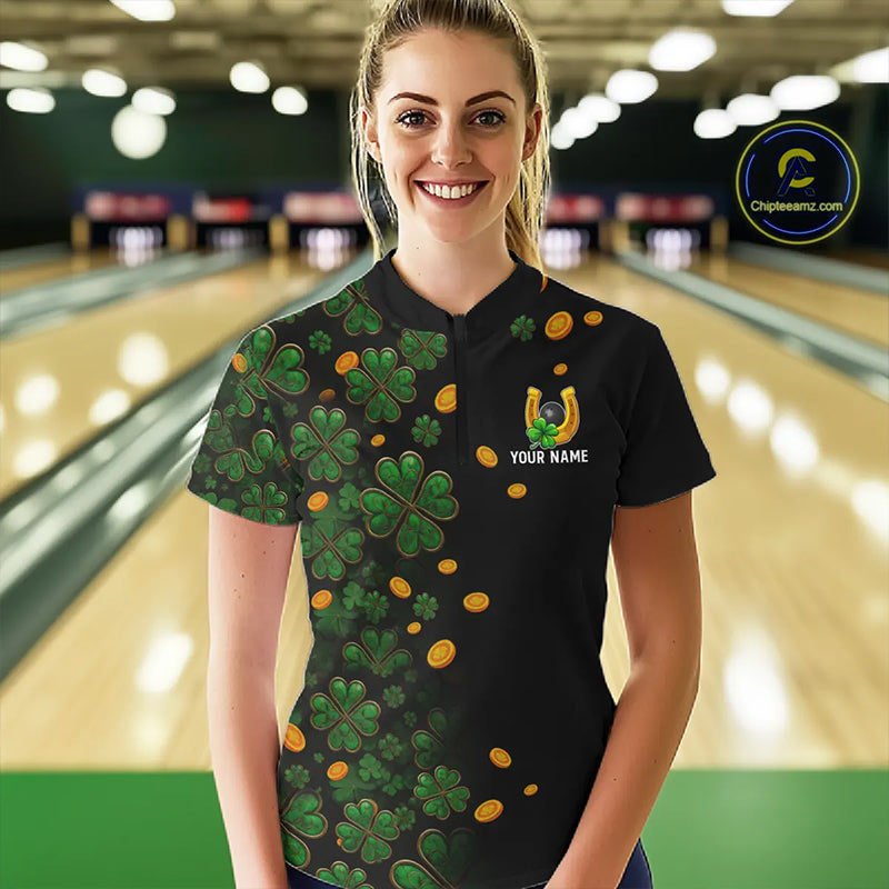 Personalized Green Clover St Patrick's Day pattern Bowling Shirts For Women, Team Bowling Jerseys NQS11206