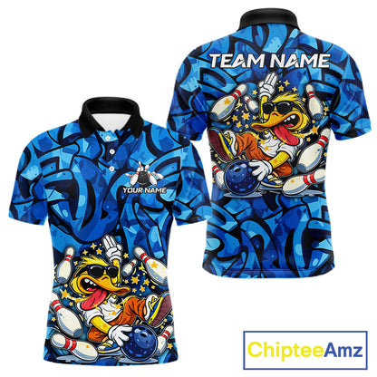 Funny Duck Bowling Polo, 1/4 Zip Shirts for Men Custom Blue graffiti pattern Team Bowling Jerseys NQS11603