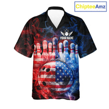 Load image into Gallery viewer, Smoke American Flag Bowling ball &amp; pins Bowling Button-up Shirts Custom patriotic Team Bowling Jersey NQS11606