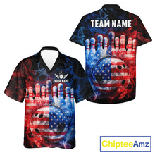 Load image into Gallery viewer, Smoke American Flag Bowling ball &amp; pins Bowling Button-up Shirts Custom patriotic Team Bowling Jersey NQS11606