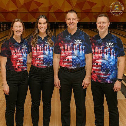 Smoke American Flag Bowling ball and pins Bowling Shirts for Men Custom patriotic Team Bowling Jersey NQS11606