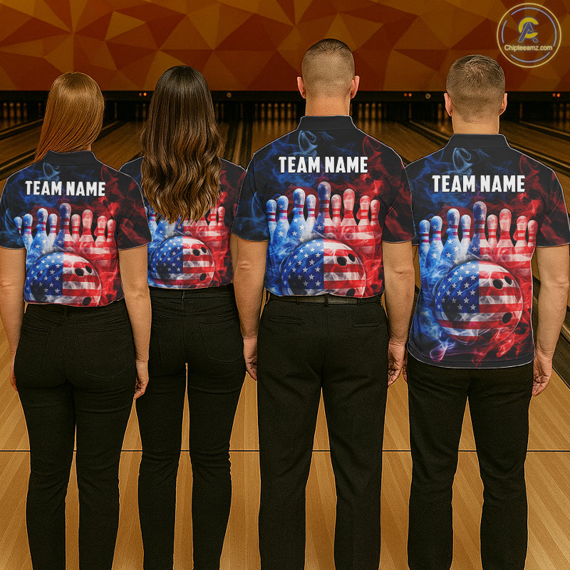 Smoke American Flag Bowling ball and pins Bowling Shirts for Men Custom patriotic Team Bowling Jersey NQS11606