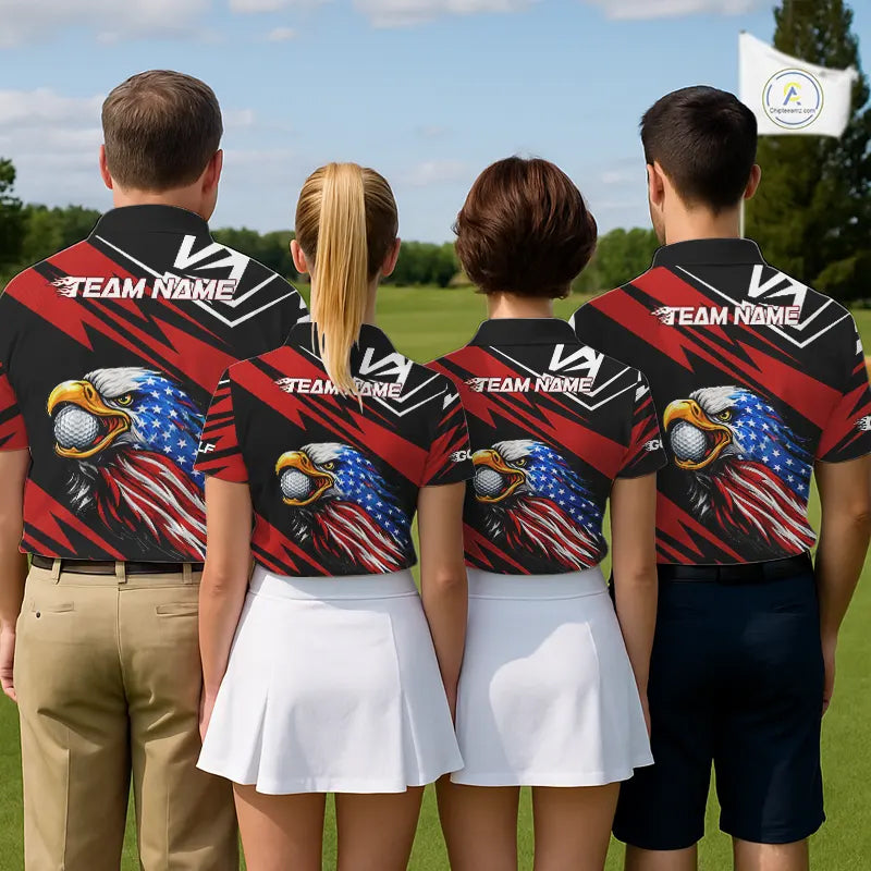 Custom Black and Red Camo American Flag Eagle Women Golf Polo shirts, patriotic team ladies golf tops NQS11608