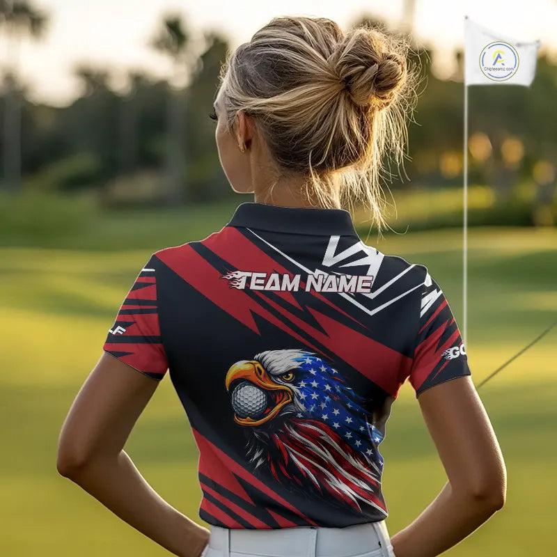 Custom Black and Red Camo American Flag Eagle Women Golf Polo shirts, patriotic team ladies golf tops NQS11608