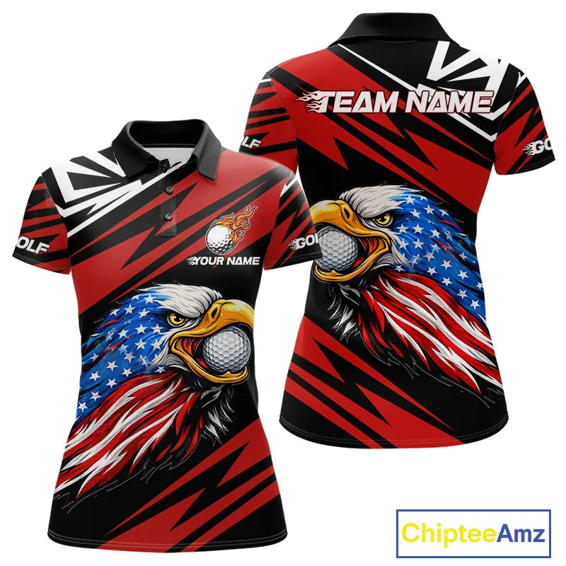 Custom Black and Red Camo American Flag Eagle Women Golf Polo shirts, patriotic team ladies golf tops NQS11608