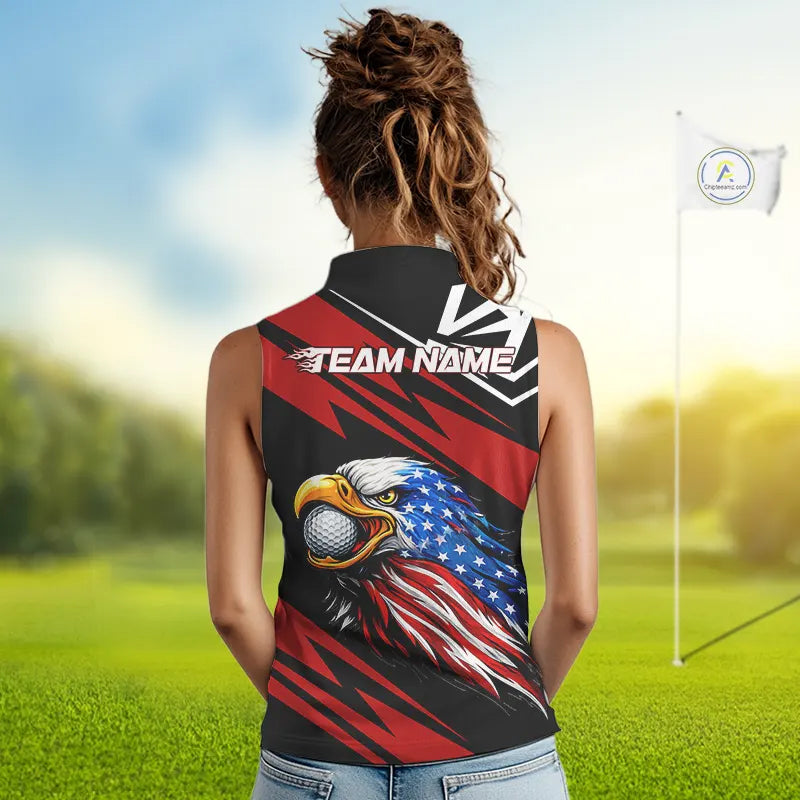 Custom Black and Red Camo American Flag Eagle Sleeveless Golf Polo shirt, patriotic ladies golf tops NQS11608