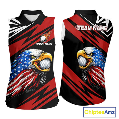 Custom Black and Red Camo American Flag Eagle Sleeveless Golf Polo shirt, patriotic ladies golf tops NQS11608