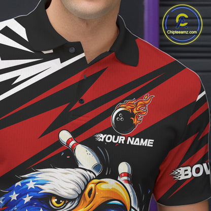 Custom Black and Red Camo American Flag Eagle Bowling shirts for men, patriotic bowling team shirts NQS11609