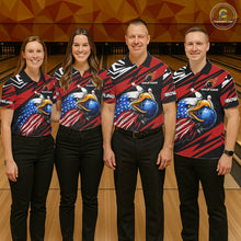 Load image into Gallery viewer, Custom Black and Red Camo American Flag Eagle Bowling shirts for Women, patriotic bowling team shirts NQS11609